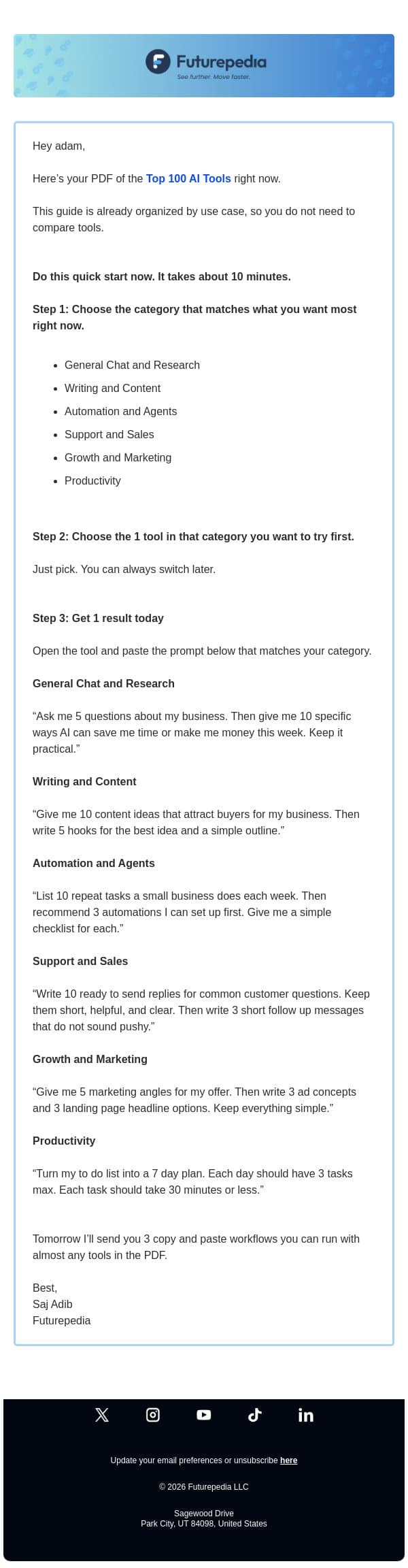 Your Top 100 AI Tools PDF is here email from 未来百科 screenshot