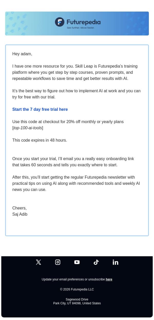 20% off Skill Leap expires in 48 hours email from 未来百科 screenshot