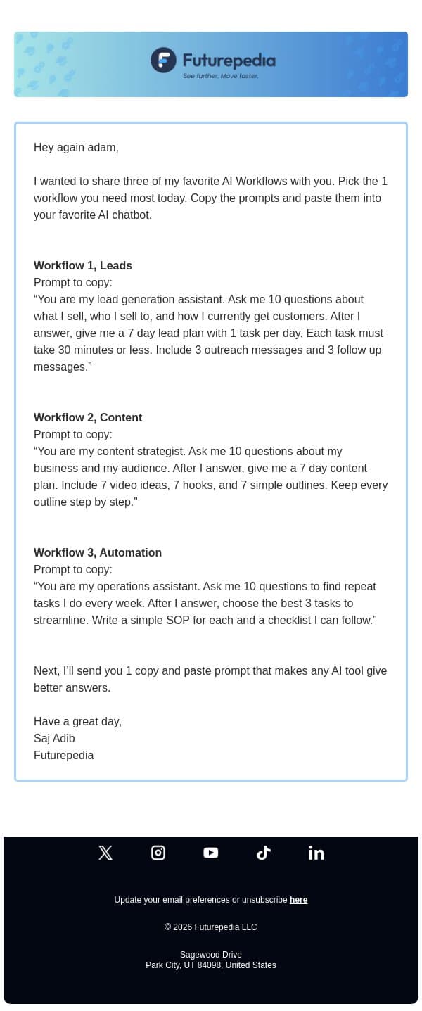 Use these 3 AI workflows for quick results email from 未来百科 screenshot