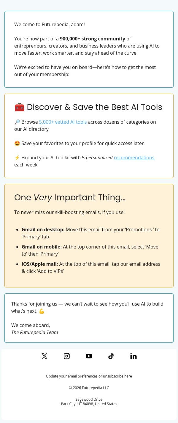 Welcome to Futurepedia! Your AI journey starts here email from 未来百科 screenshot