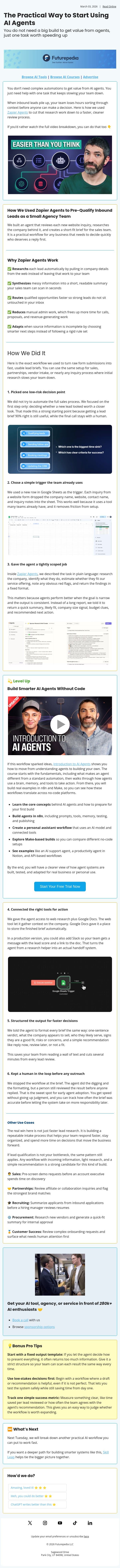 The Practical Way to Start Using AI Agents email from 未来百科 screenshot