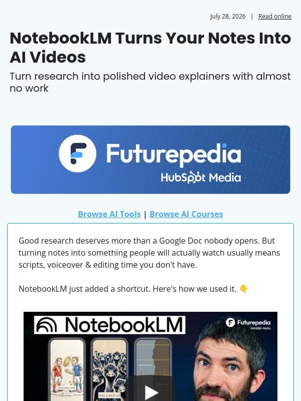 NotebookLM Turns Your Notes Into AI Videos email from 未来百科