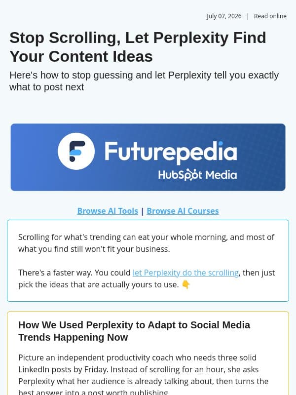 Stop Scrolling, Let Perplexity Find Your Content Ideas email from 未来百科