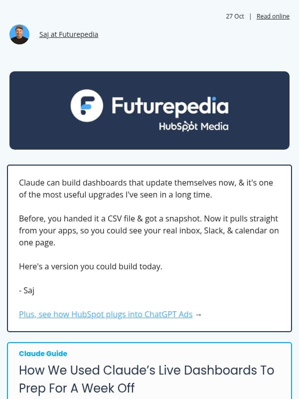 Claude Just Made Your Old Dashboards Pointless email from 未来百科