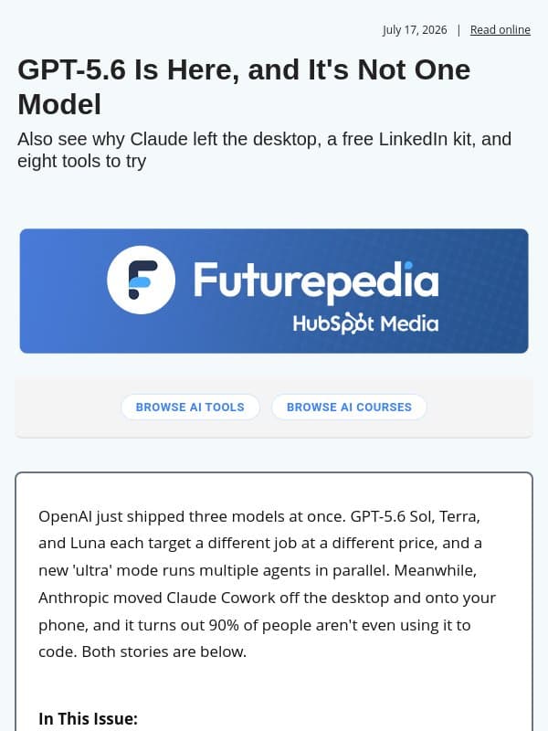 GPT-5.6 Is Here, and It's Not One Model email from 未来百科