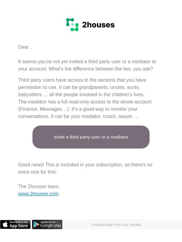 Easily share information with the grandparents! email from 2houses screenshot