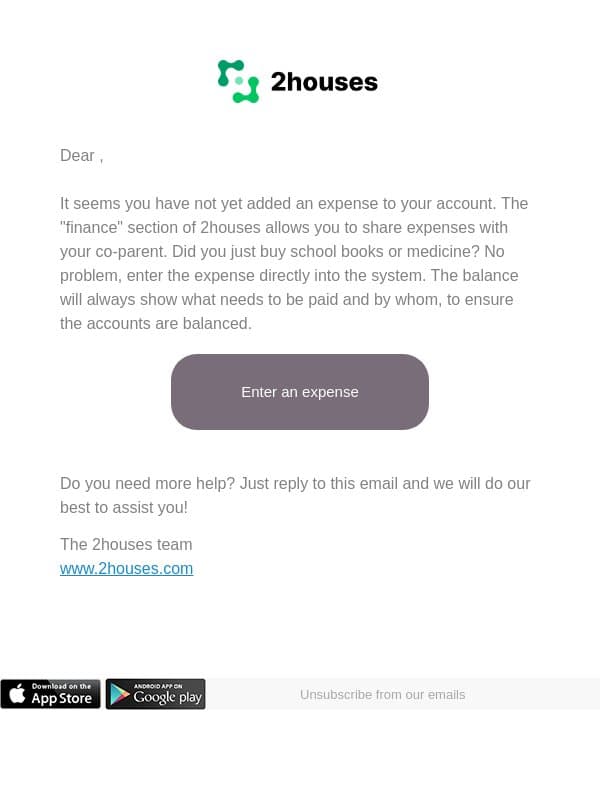 Easily share your expenses with your co-parent! email from 2houses screenshot