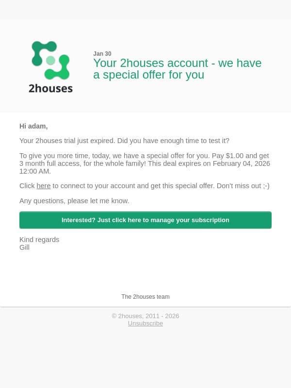 Your 2houses account - we have a special offer for you email from 2houses screenshot