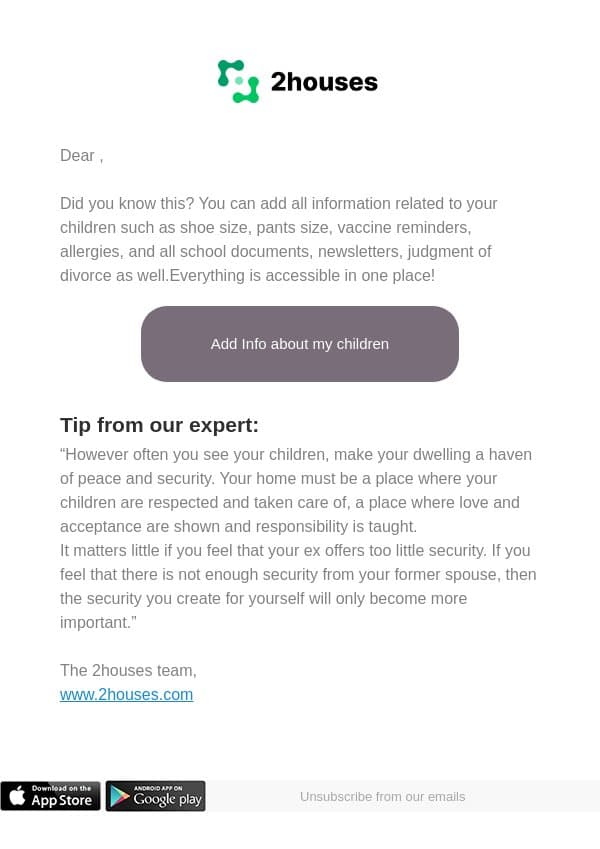 Find all the information you need about your children! email from 2houses screenshot