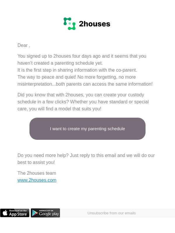 Your 2houses account is missing your parenting schedule. email from 2houses screenshot