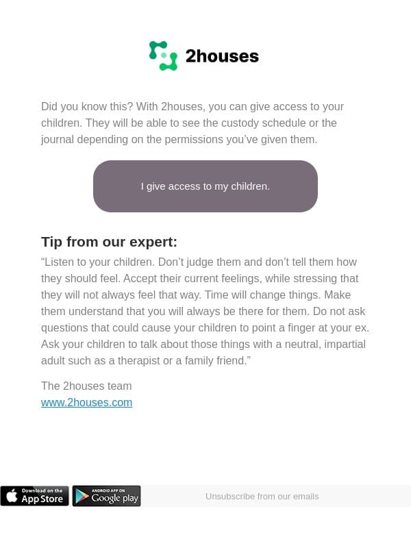 Involve your children by giving them access to 2houses email from 2houses screenshot