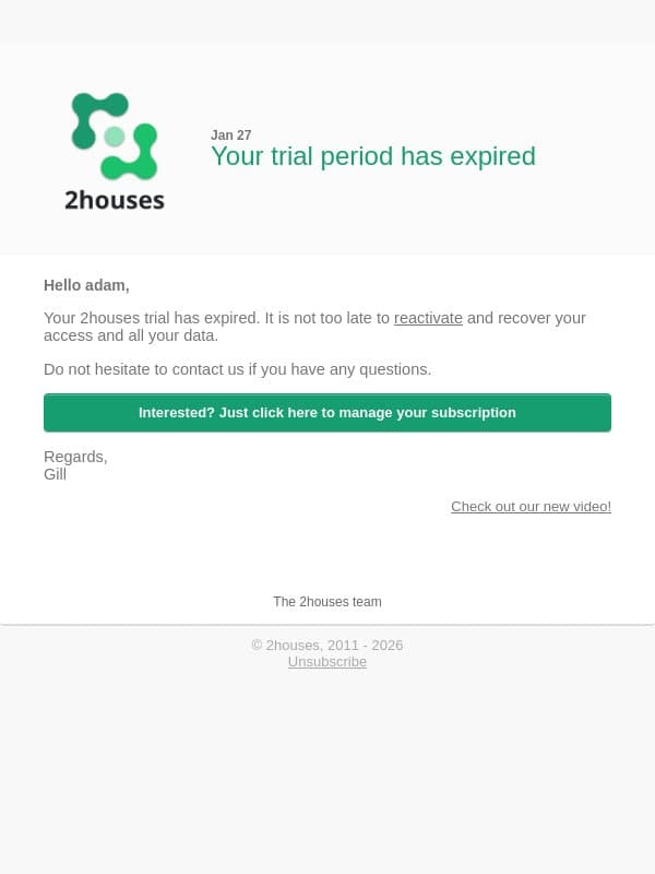 Your trial expires now email from 2houses screenshot