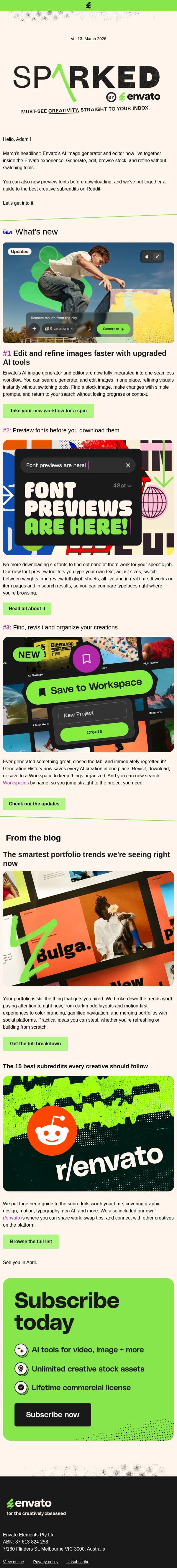 AI image tools upgrade + new font previewer email from 3DOcean screenshot