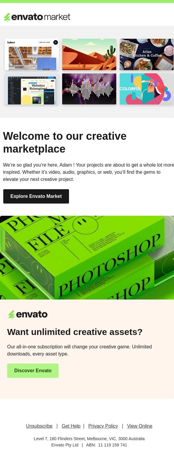 Welcome to Envato Market, Adam ! email from 3DOcean screenshot