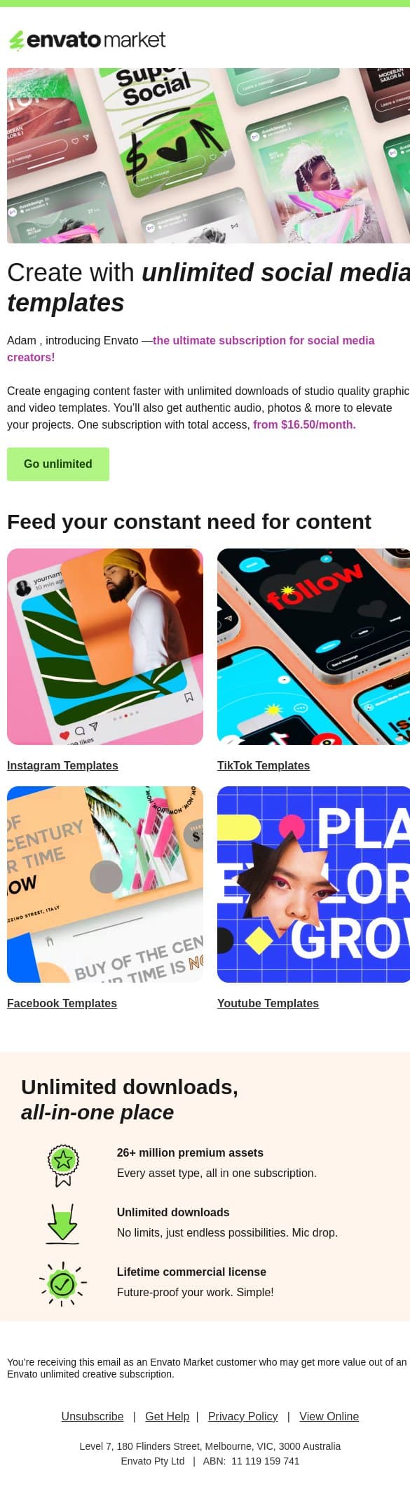 Want Unlimited Social Media Templates? email from 3DOcean screenshot