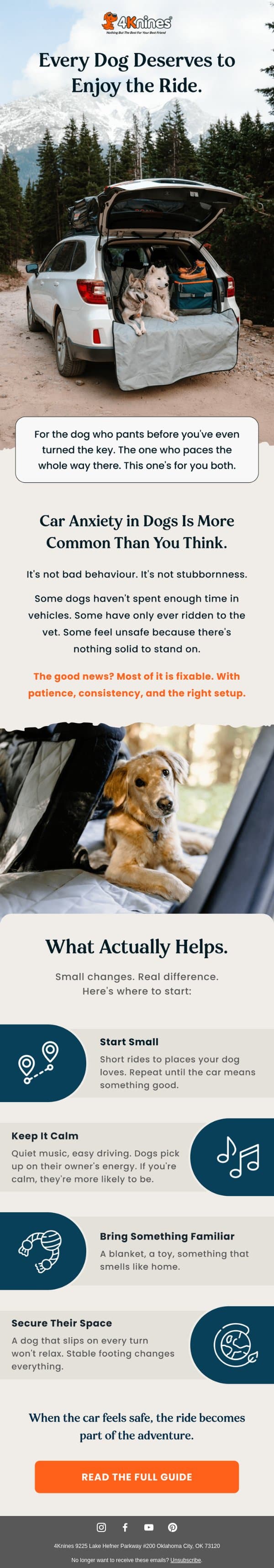 Does your dog dread the car? email from 4Knines screenshot