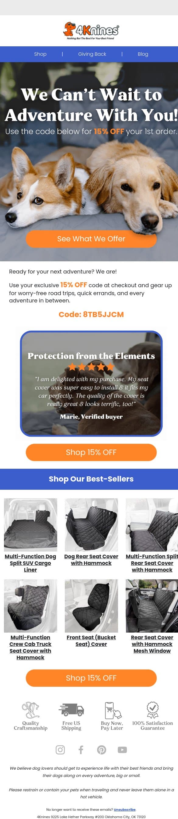 15% off for your next ride email from 4Knines screenshot