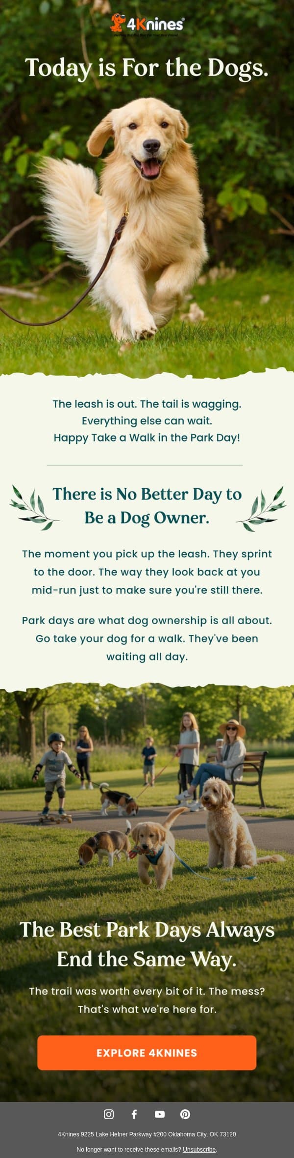 Happy Take a Walk in the Park Day. email from 4Knines screenshot