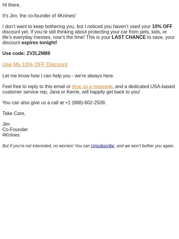 I'm personally reaching out... email from 4Knines screenshot