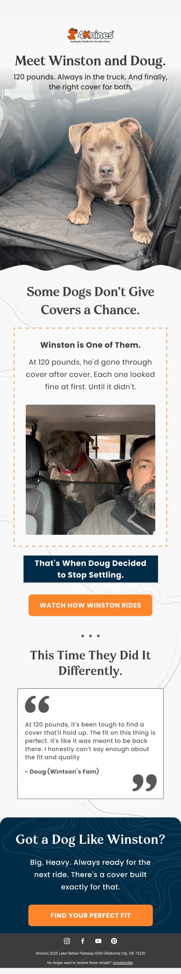 Meet Winston. 120 lbs and Finally Comfortable. email from 4Knines screenshot