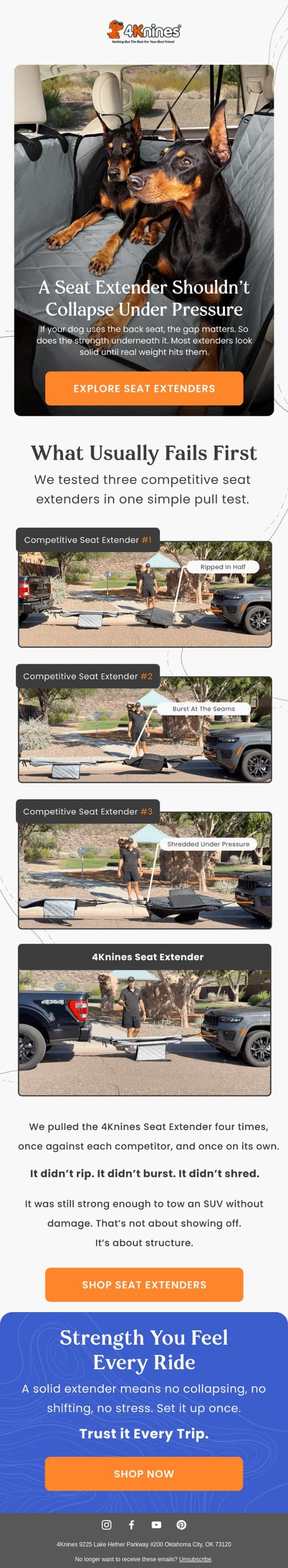 Most Seat Extenders aren’t Built for Real Weight. email from 4Knines screenshot