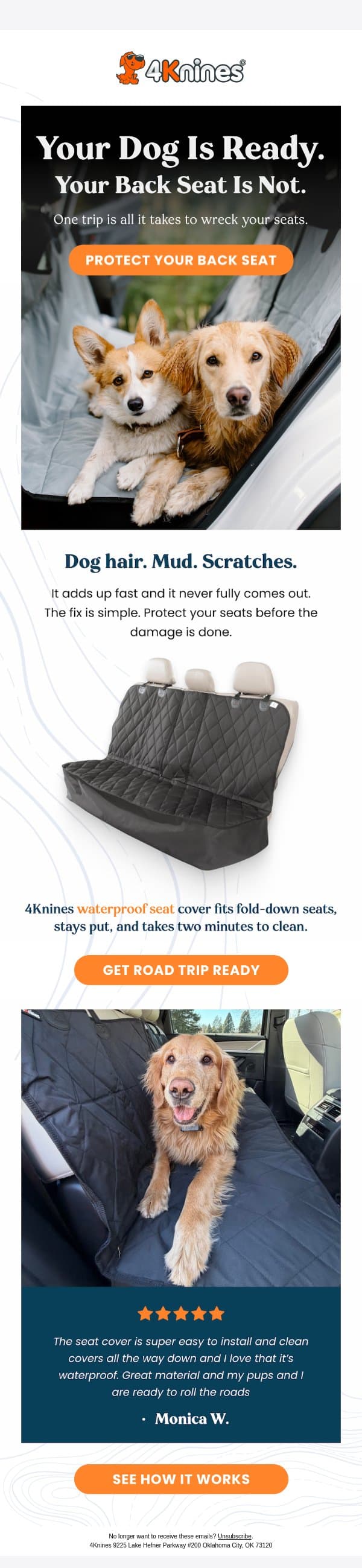 Protect your seats during road trips email from 4Knines screenshot