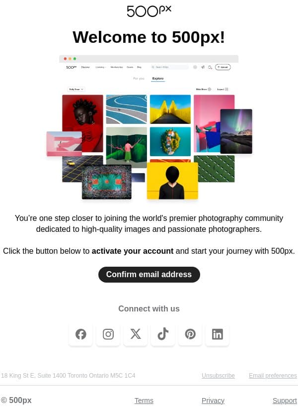 Please activate your account email from 500px screenshot