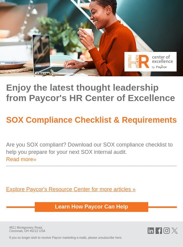 From Paycor's Resource Center: SOX Compliance Checklist & Requirements email from 7Geese screenshot