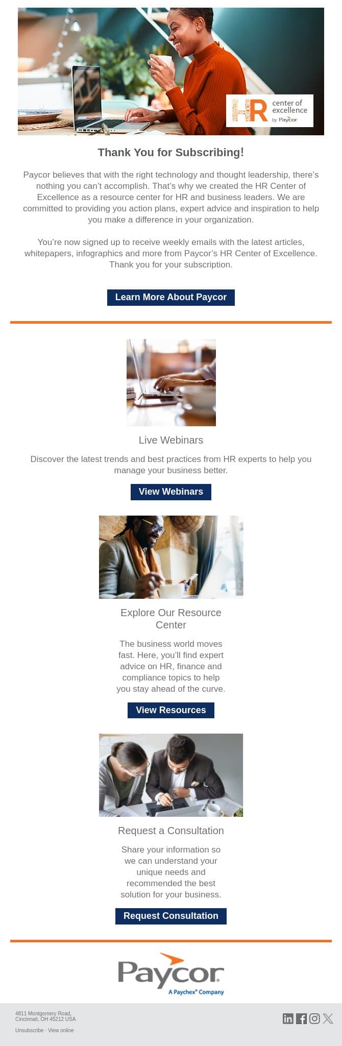 Confirmed: Your Paycor newsletter subscription email from 7Geese screenshot
