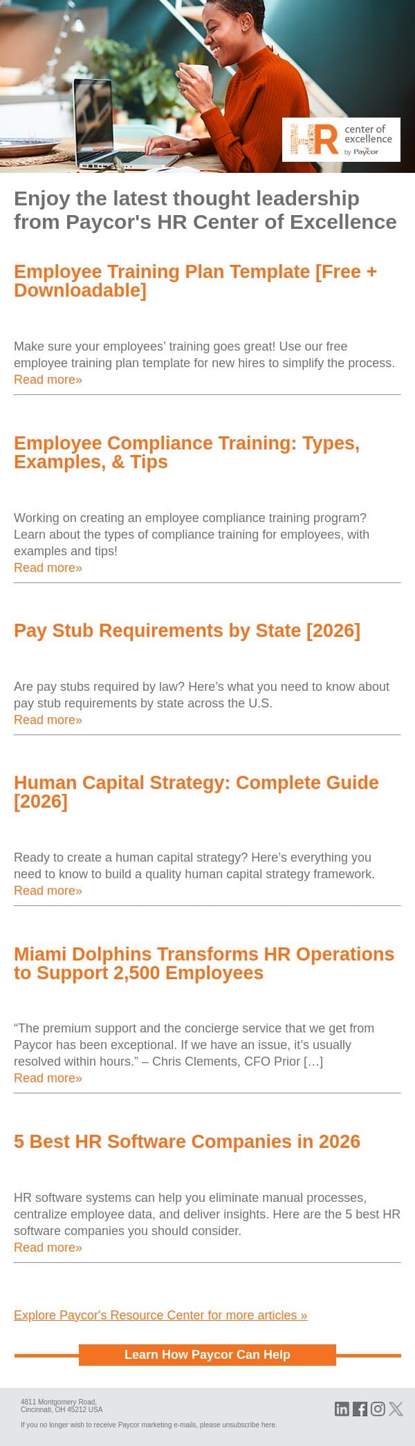 From Paycor's Resource Center: Employee Training Plan Template [Free + Downloadable] email from 7Geese screenshot