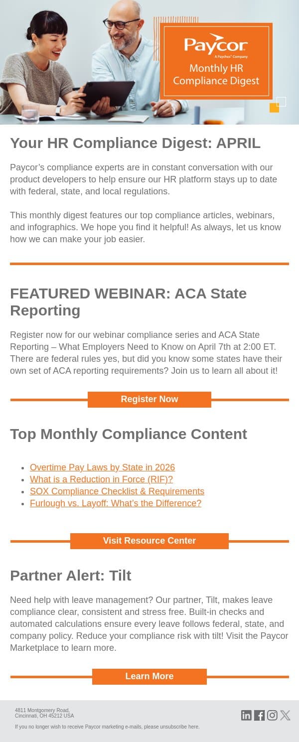 [NEWSLETTER] April HR Compliance Updates email from 7Geese screenshot
