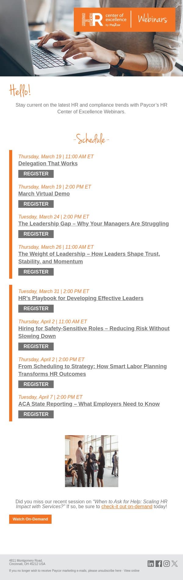 Paycor’s HR Center of Excellence Webinars: Register Today! email from 7Geese screenshot