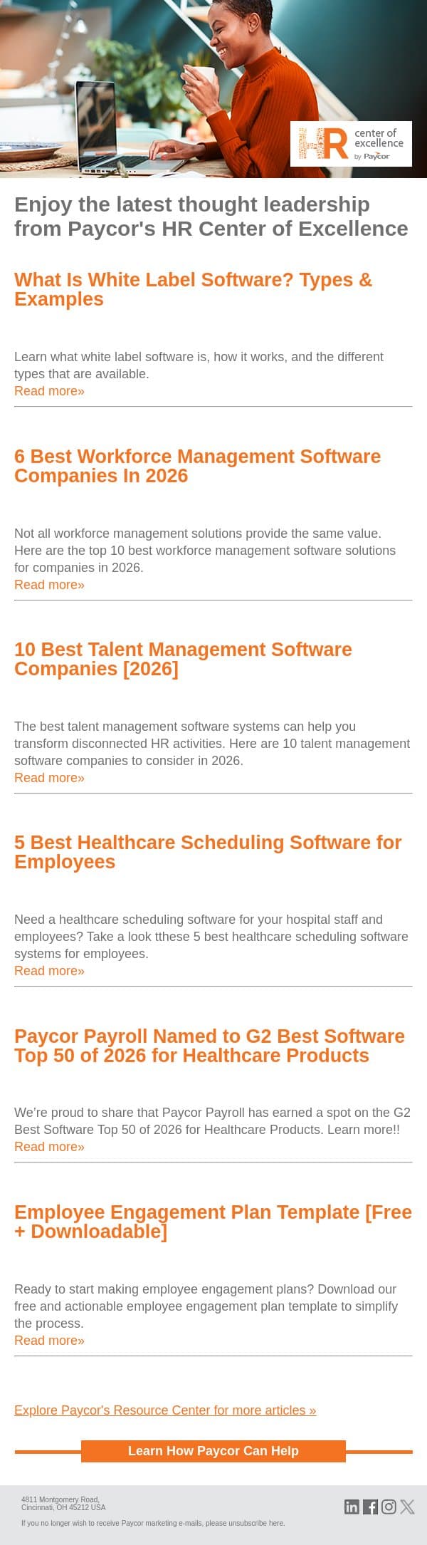 From Paycor's Resource Center: What Is White Label Software? Types & Examples email from 7Geese screenshot