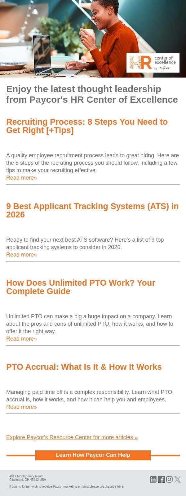From Paycor's Resource Center: Recruiting Process: 8 Steps You Need to Get Right [+Tips] email from 7Geese screenshot
