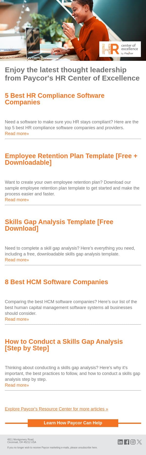 From Paycor's Resource Center: 5 Best HR Compliance Software Companies email from 7Geese screenshot