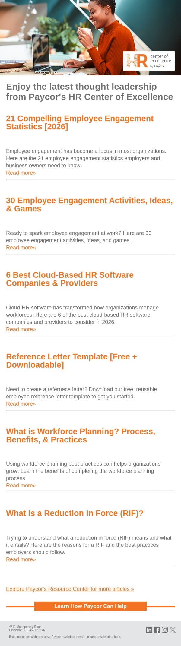 From Paycor's Resource Center: 21 Compelling Employee Engagement Statistics [2026] email from 7Geese screenshot