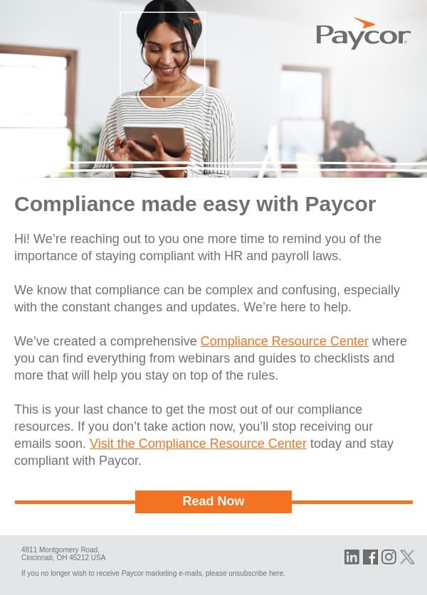 How to stay compliant with HR and payroll laws email from 7Geese screenshot