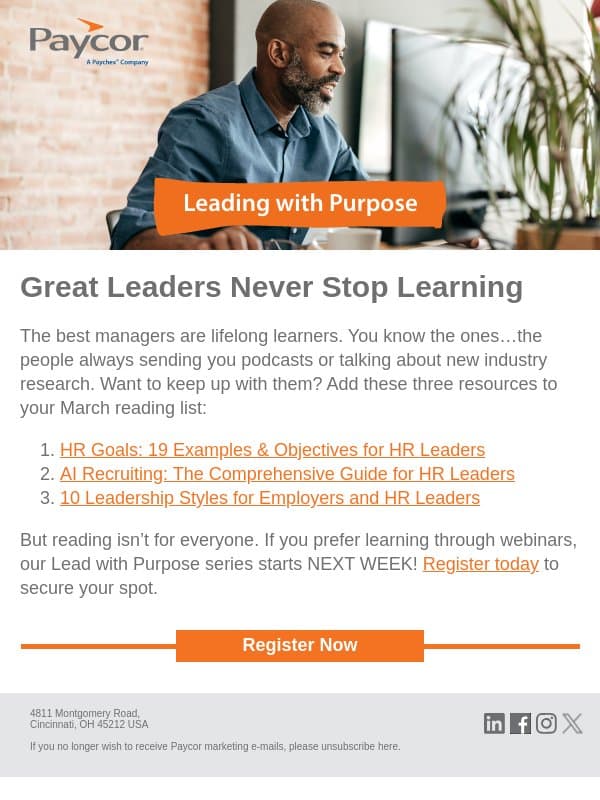 Your Leadership Reading List email from 7Geese screenshot