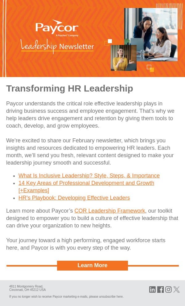 Paycor’s February Digest for Success-Driven Leaders email from 7Geese screenshot