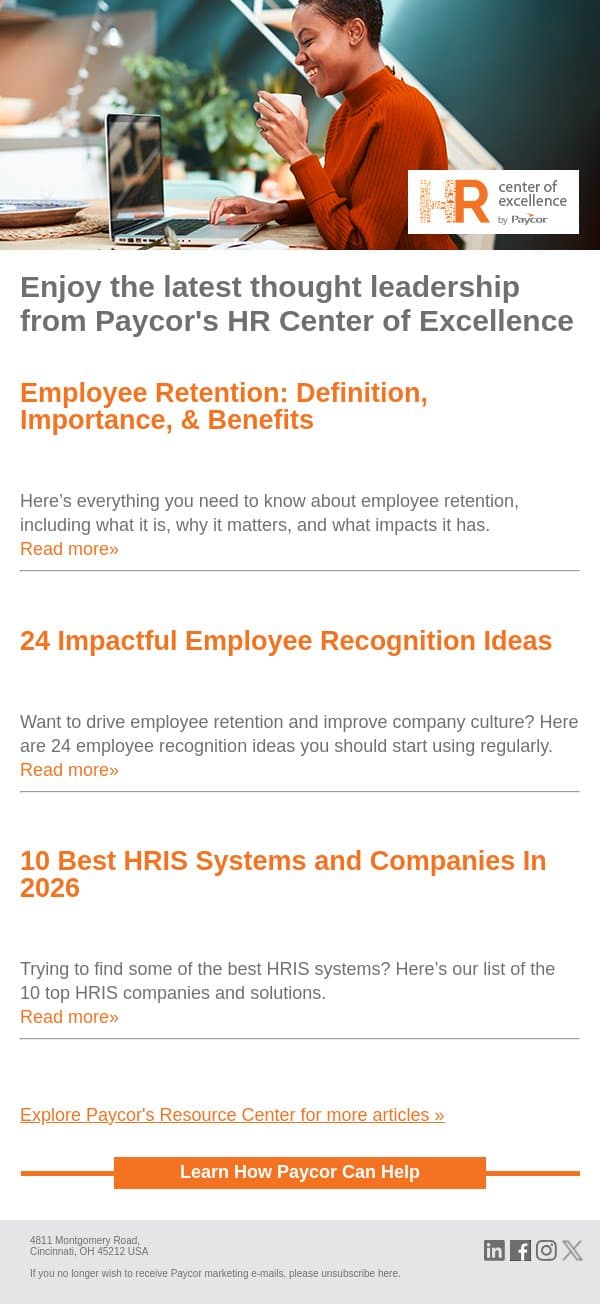 From Paycor's Resource Center: Employee Retention: Definition, Importance, & Benefits email from 7Geese screenshot