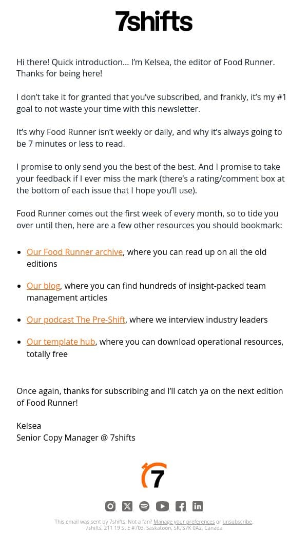 Thanks for subscribing to Food Runner! ⏱️ email from 7shifts screenshot