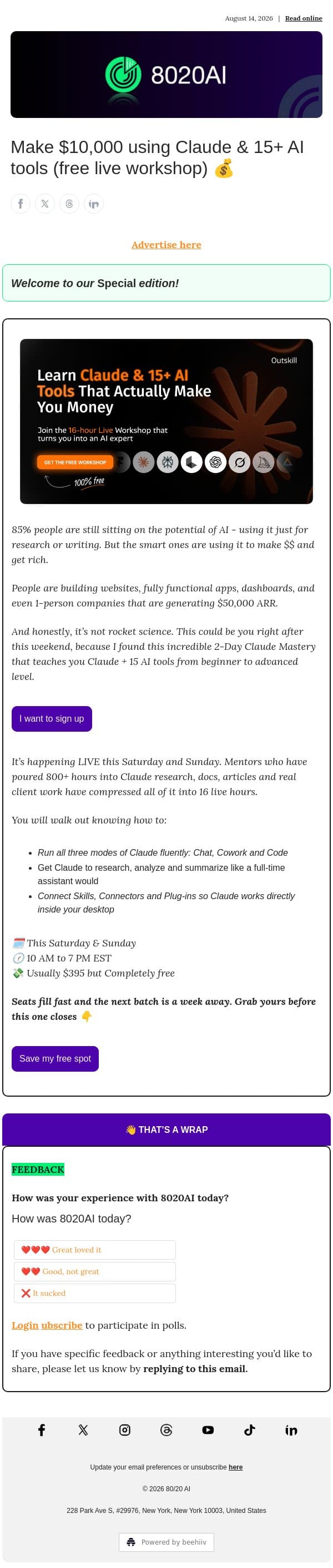 Make $10,000 using Claude & 15+ AI tools (free live workshop) 💰 email from 8020 AI screenshot