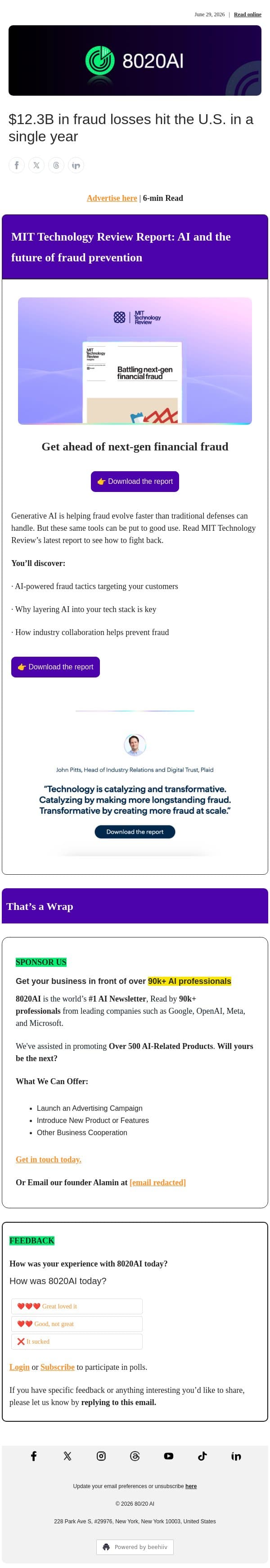 $12.3B in fraud losses hit the U.S. in a single year email from 8020 AI screenshot