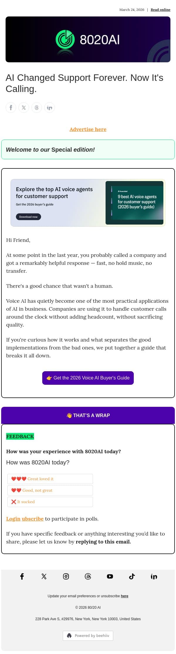 AI Changed Support Forever. Now It's Calling. email from 8020 AI screenshot