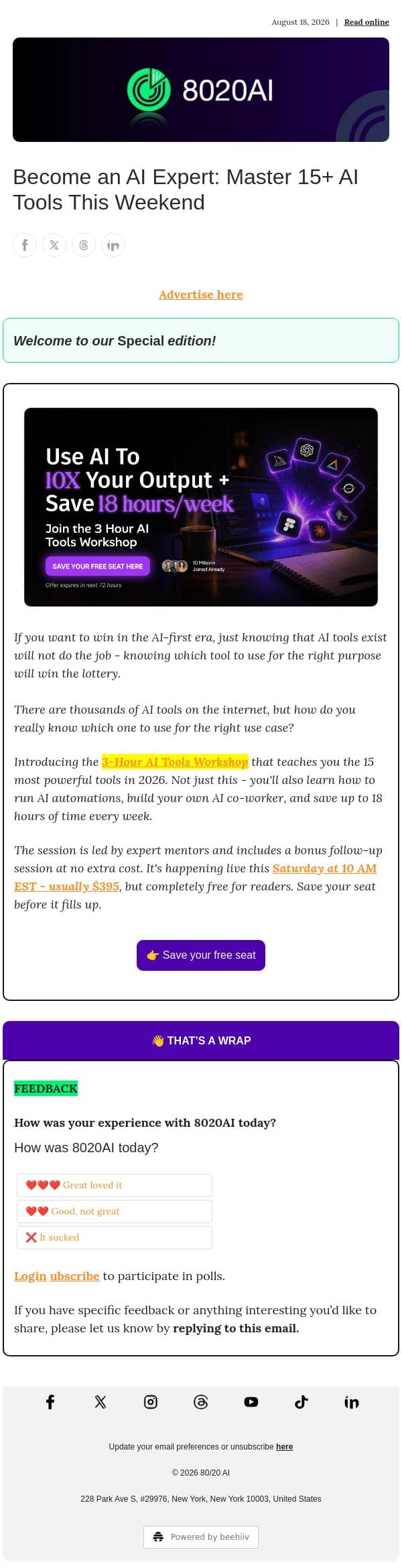 Become an AI Expert: Master 15+ AI Tools This Weekend email from 8020 AI screenshot