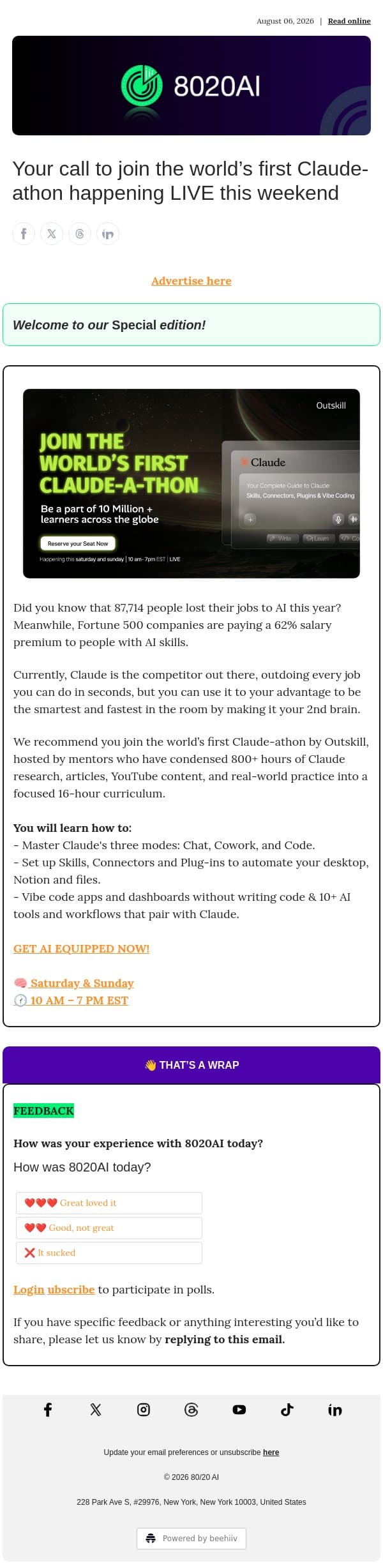 Your call to join the world’s first Claude-athon happening LIVE this weekend email from 8020 AI screenshot