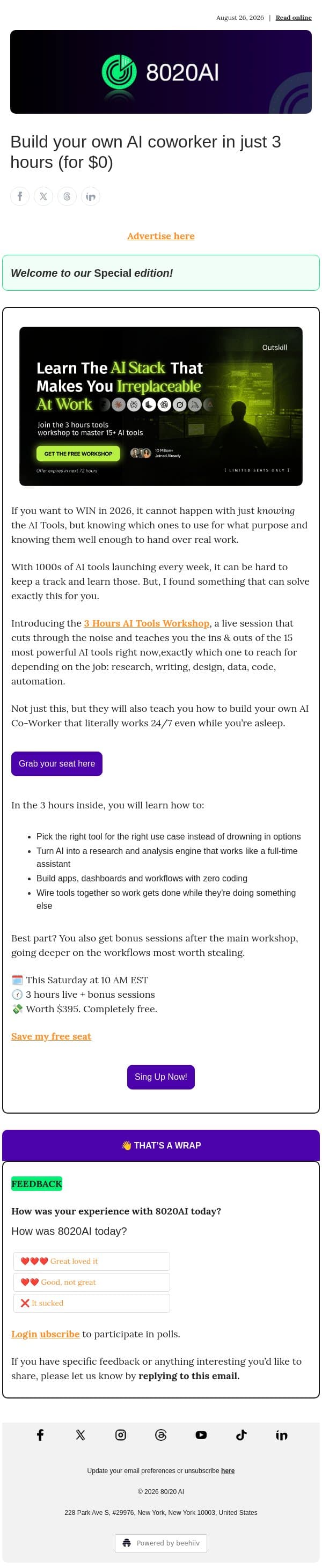 Build your own AI coworker in just 3 hours (for $0) email from 8020 AI screenshot