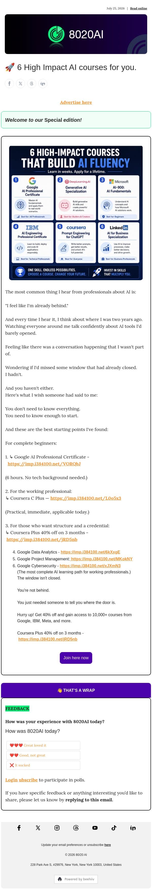 🚀 6 High Impact AI courses for you. email from 8020 AI screenshot
