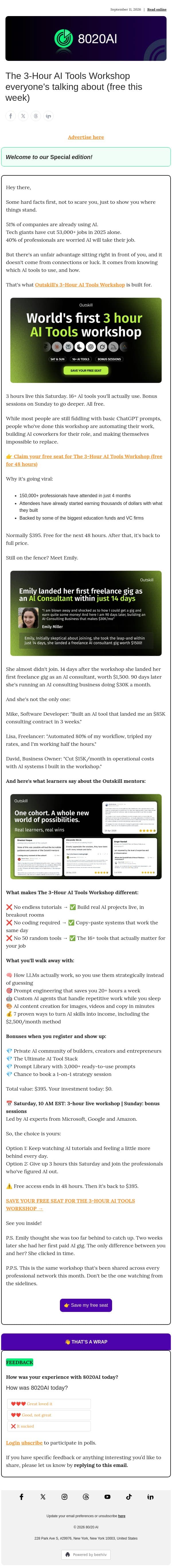 The 3-Hour AI Tools Workshop everyone's talking about (free this week) email from 8020 AI screenshot