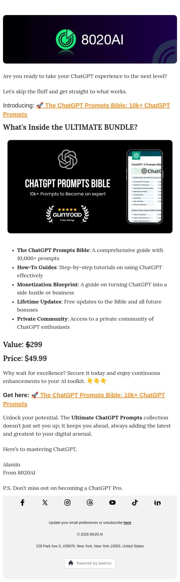 The ChatGPT Prompts Bible: 10k+ ChatGPT Prompts email from 8020 AI screenshot